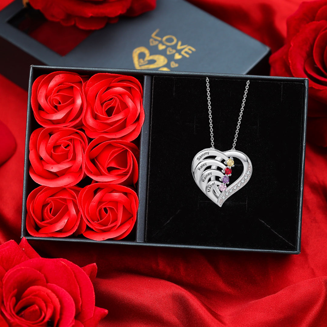 Personalised Heart 2-5 Birthstones & Names Necklace A Thoughtful Gift for Valentine