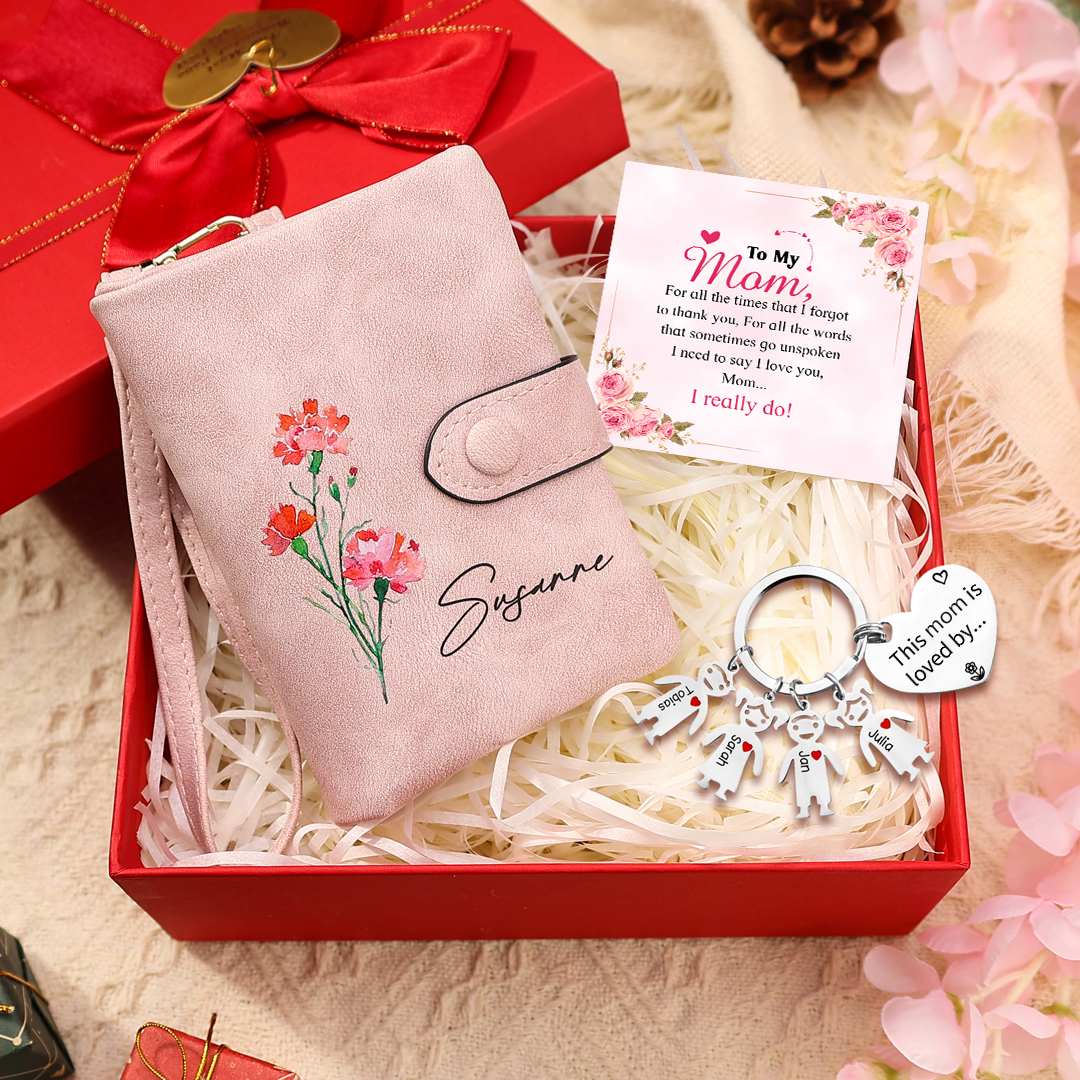 Personalised Women Wallet Gift Set 1 Name & Birthflower Wallet 4 Dolls Keychain Gift Box Set Christmas Gifts
