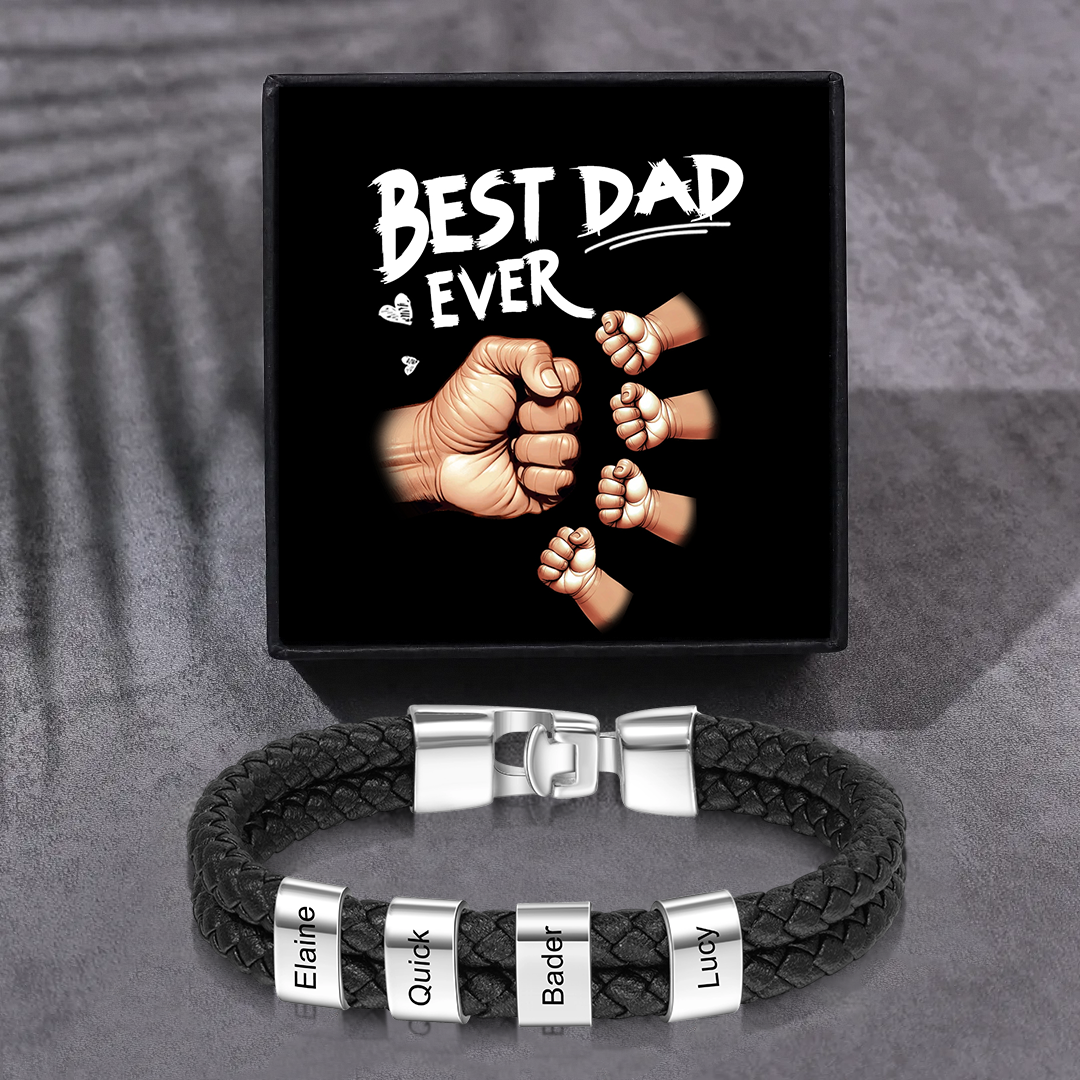 Personalised Braided Leather Mens Bracelet With Custom Engraved 1-6 Kids Names - Father's Day Gift for Dad | Jessemade