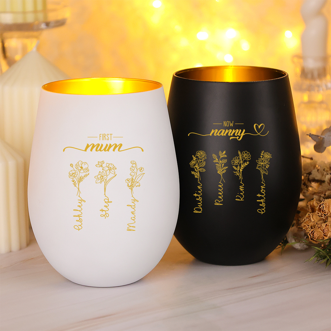 Personalized Glass Candle Holder with 2–10 birth flowers and names for mum/grandma