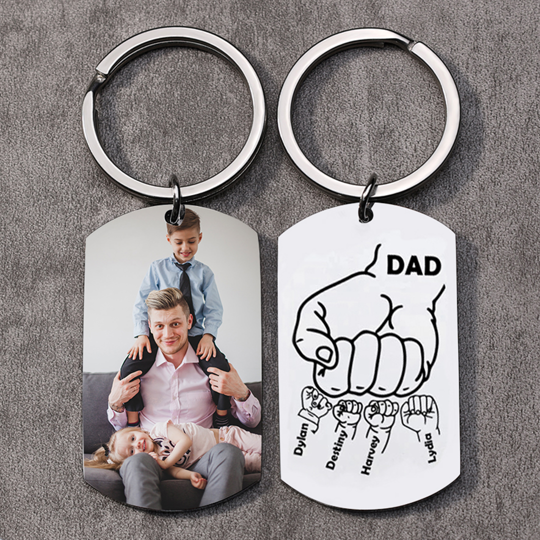 Dad Fist Bump Personalised Photo Keychain Engrave 4 Names Father's Day Gifts