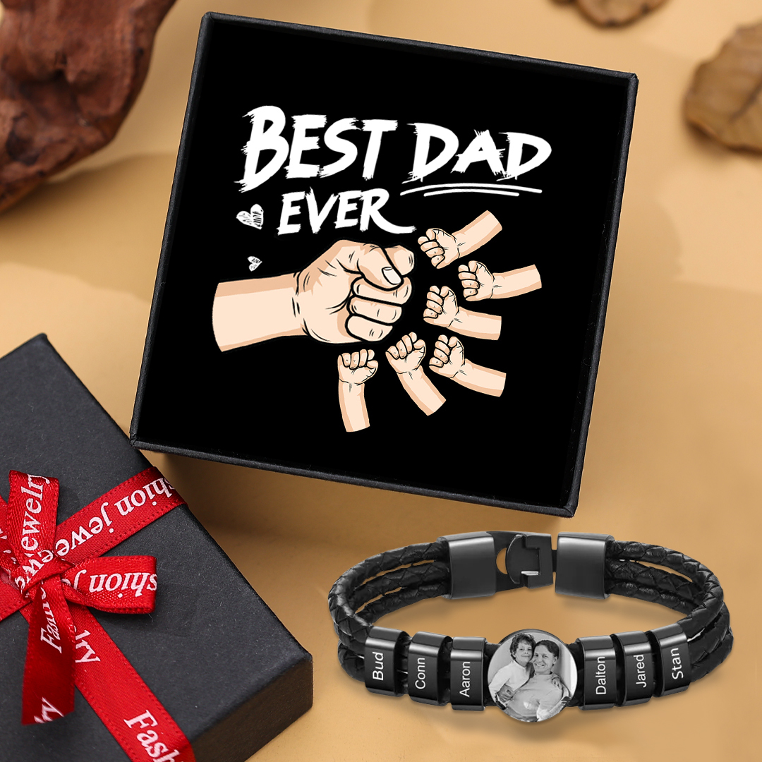 Personalised Men's Leather Bracelet Custom 6 Names & 1 Photo Braided Bracelet Father's Day Gifts for Him-Jessemade AU
