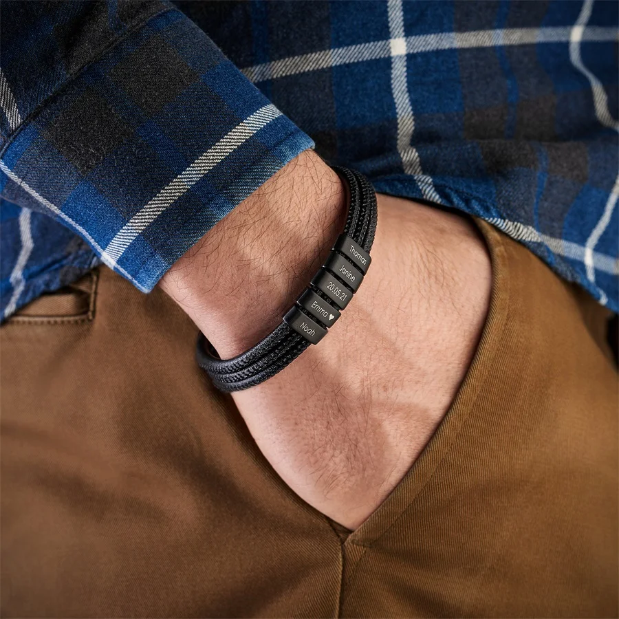 Personalised Family Necklace and Leather Bracelet Set with 5 Birthstones 5 Names Christmas Gift for Loved Ones-Jessemade AU