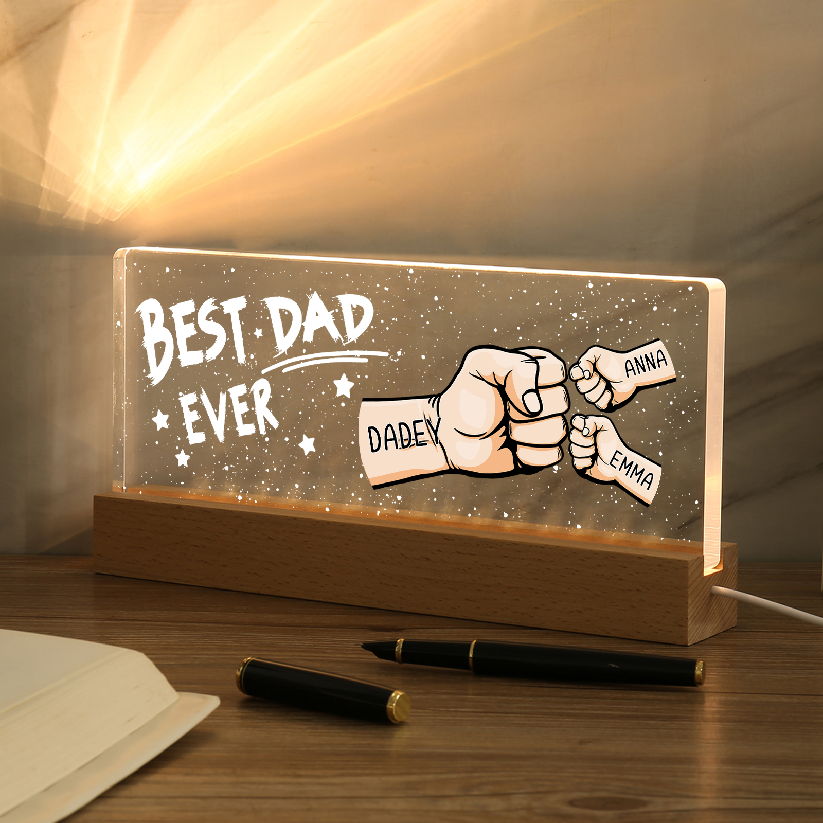 Best Dad Ever - Personalised 3 Names Acrylic Night Light Custom Fist Bump LED Lamp Fathers Day Gifts-Jessemade AU