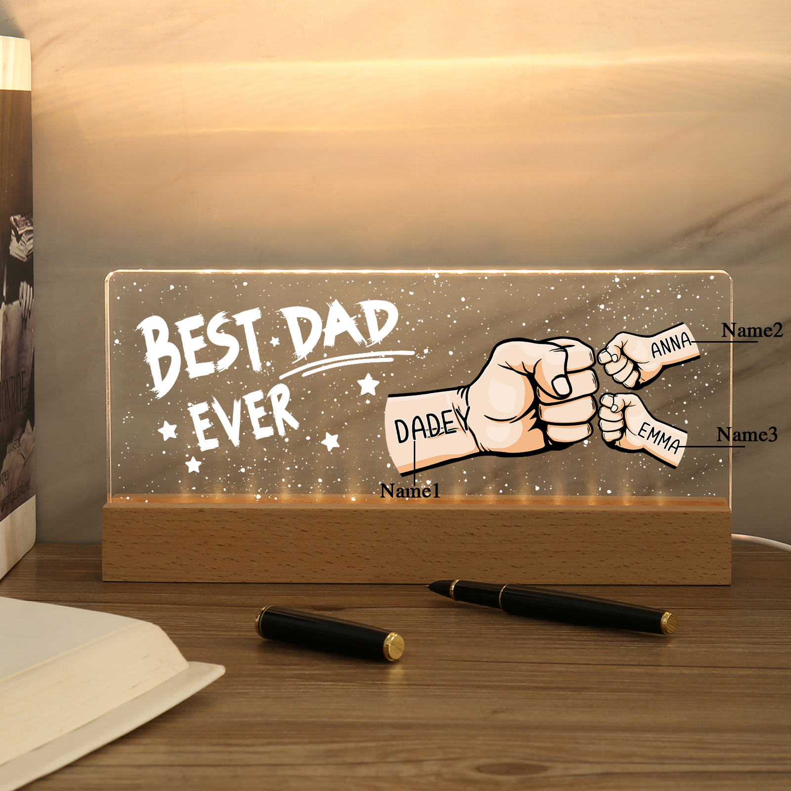 Best Dad Ever - Personalised 3 Names Acrylic Night Light Custom Fist Bump LED Lamp Fathers Day Gifts