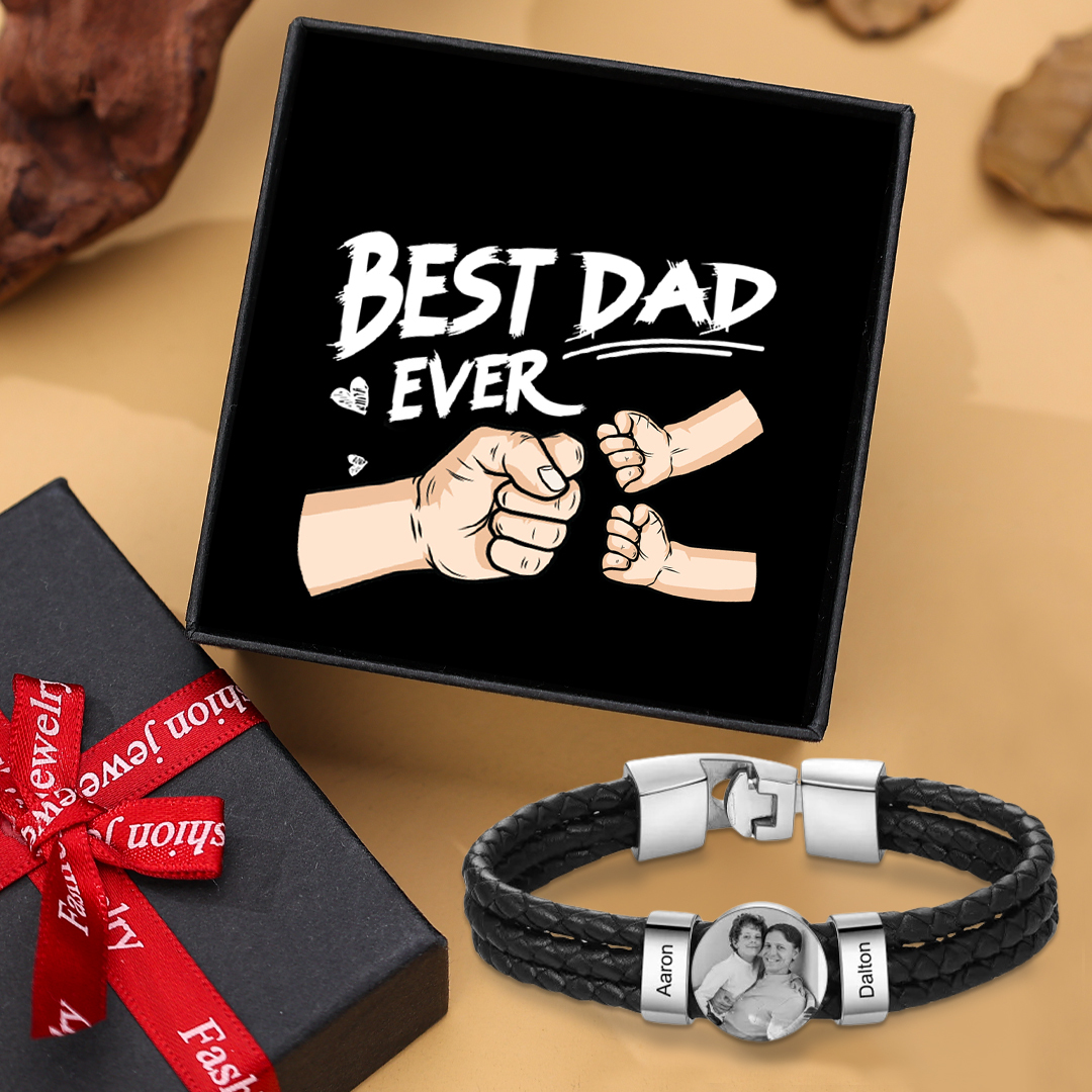 Personalised Men's Leather Bracelet Custom 2 Names & 1 Photo Braided Bracelet Father's Day Gifts for Him-Jessemade AU