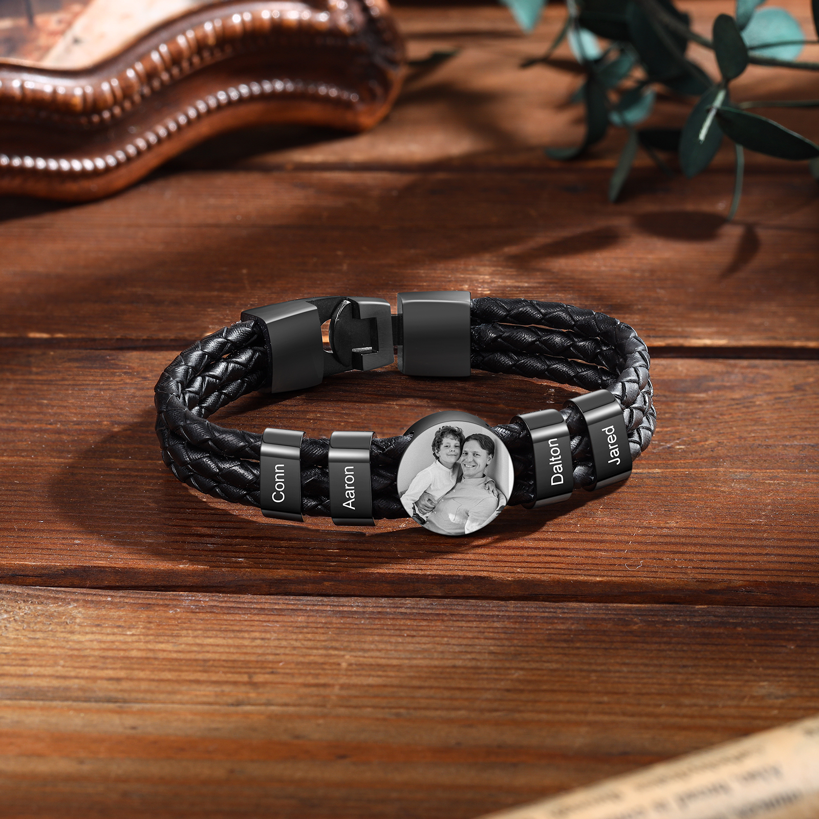 Personalised Men's Leather Bracelet Custom 4 Names & 1 Photo Braided Bracelet Father's Day Gifts for Him-Jessemade AU