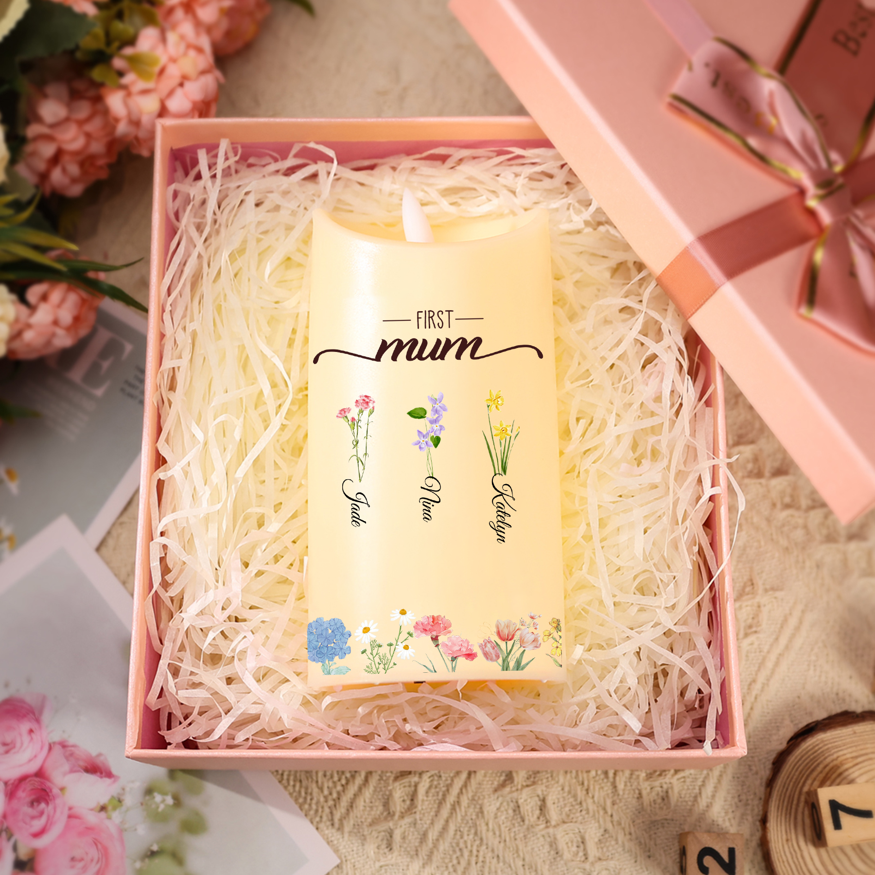 For Mum/Nan Personalised LED Candle with Birth Flowers and 2–18 Names | Jessemade