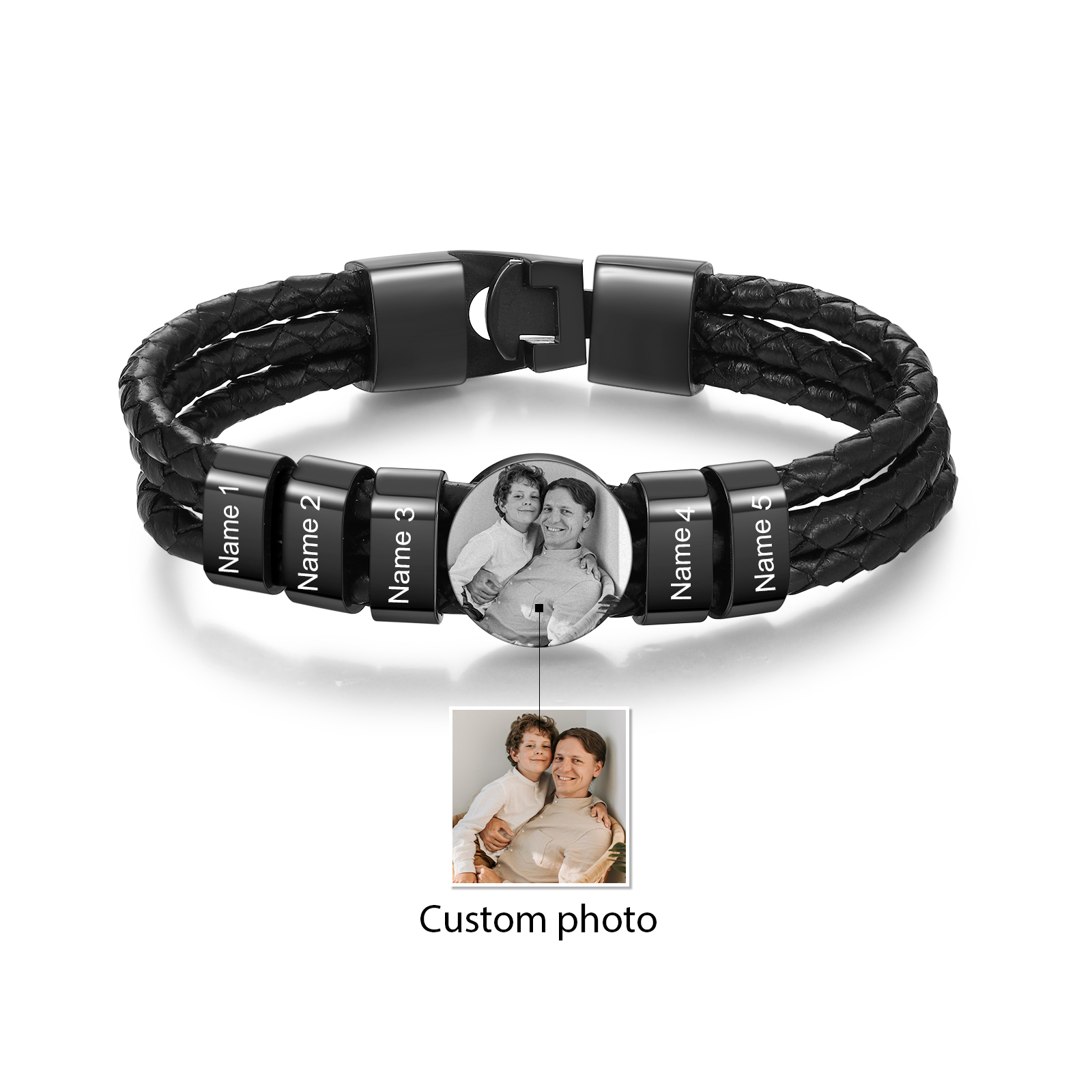 Personalised Men's Leather Bracelet Custom 5 Names & 1 Photo Braided Bracelet Father's Day Gifts for Him-Jessemade AU
