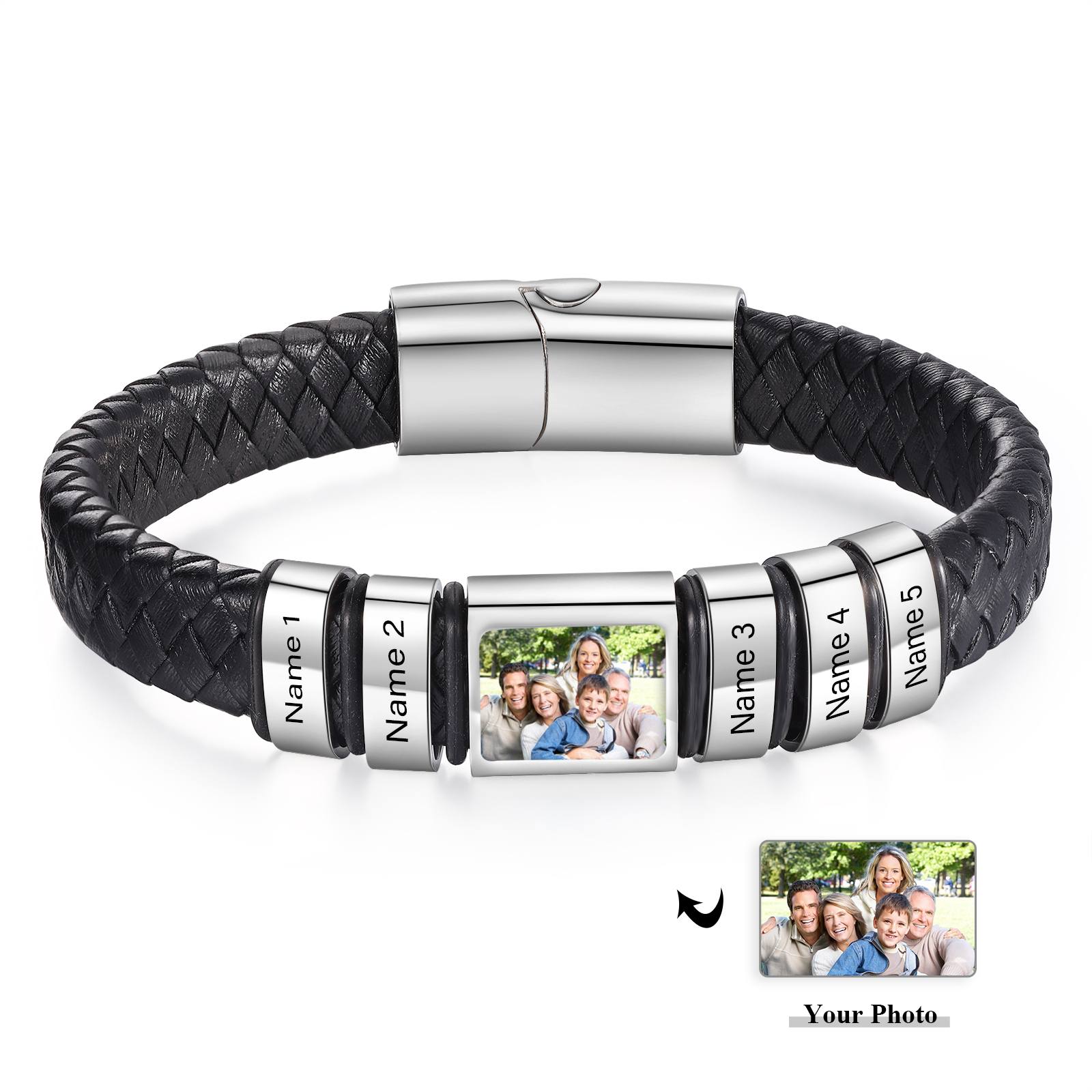 Personalised Men's Leather Bracelet Custom 1 Photo & 1–6 Names Black Silver Gift for Him-Jessemade AU