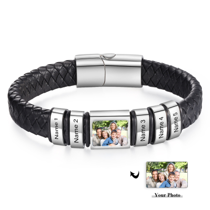 Personalised Men's Leather Bracelet Custom 1 Photo & 1–6 Names Black Silver Gift for Him-Jessemade AU