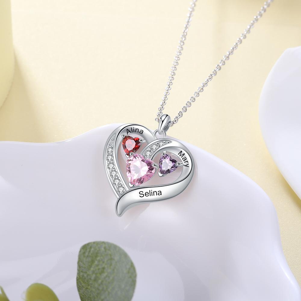Heart Necklace Custom 3 Names 3 Birthstones Birthday Gifts for Her-Jessemade AU