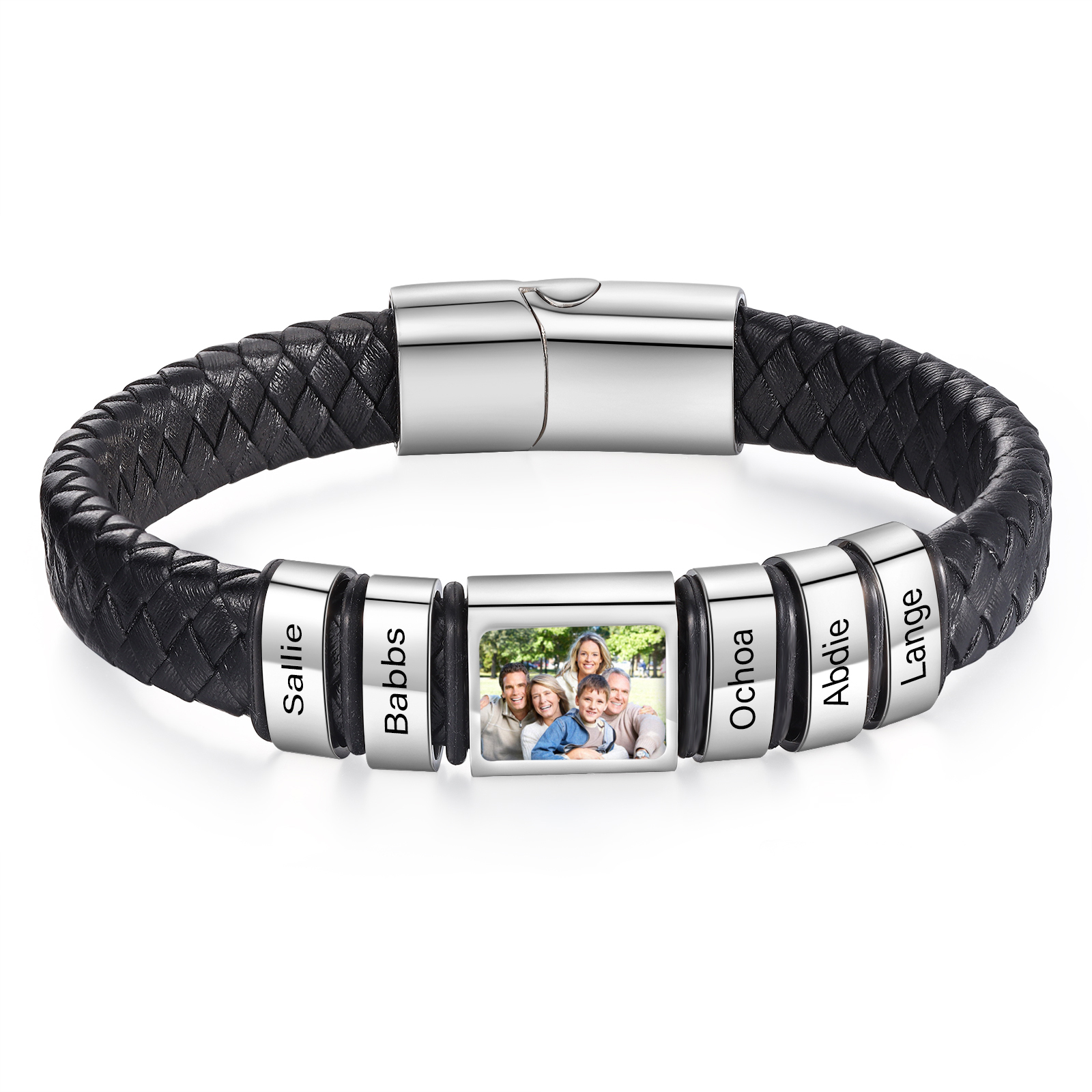 Personalised Men's Leather Bracelet Custom 1 Photo & 1–6 Names Black Silver Gifts for Him-Jessemade AU