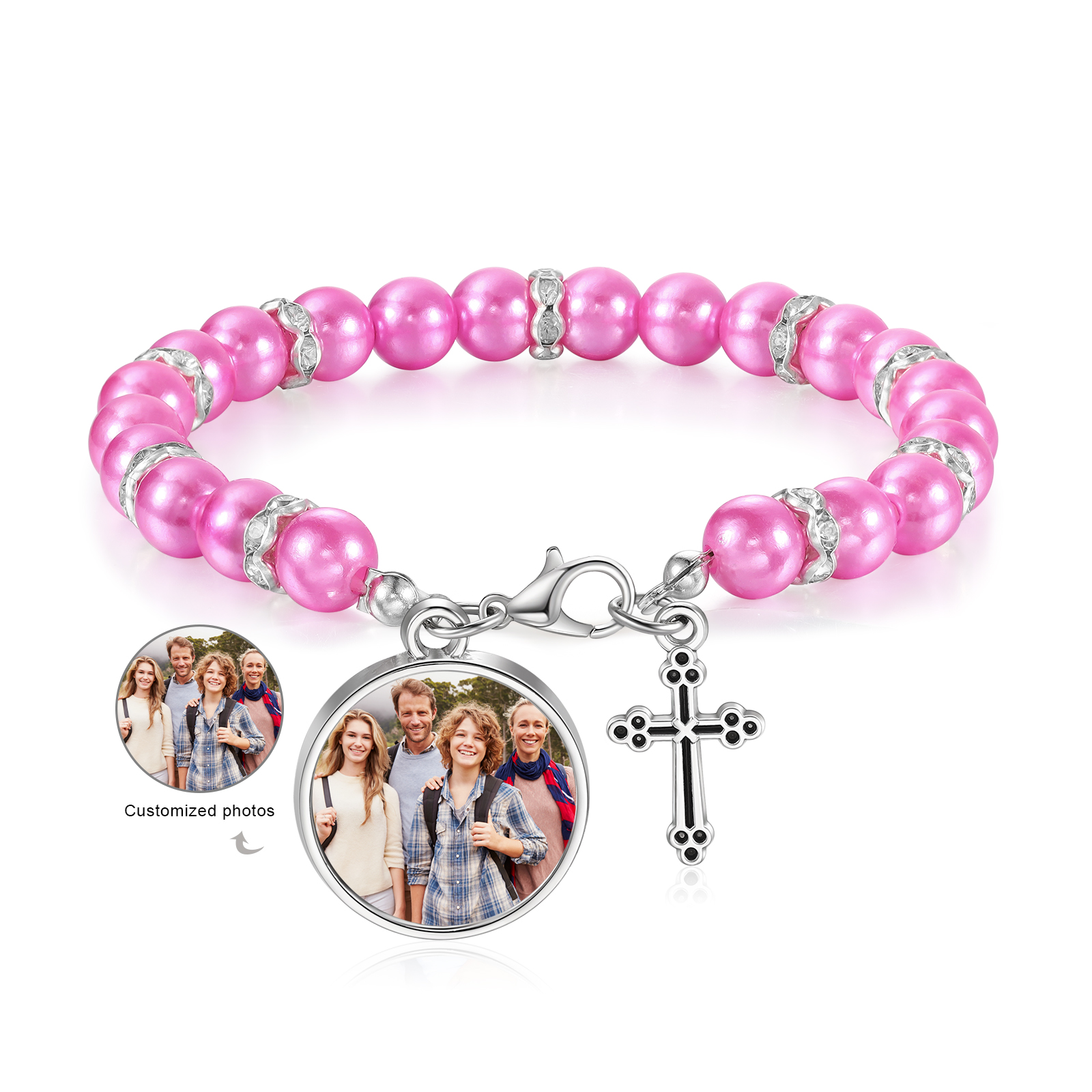 Personalised Rosary Memorial Bracelet Custom with Photo and Cross Pendant