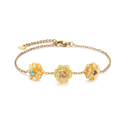 Personalised Women's Bracelet with 2-4 Birthstones and Birth Flowers, Rotating Bracelet for Women | Jessemade