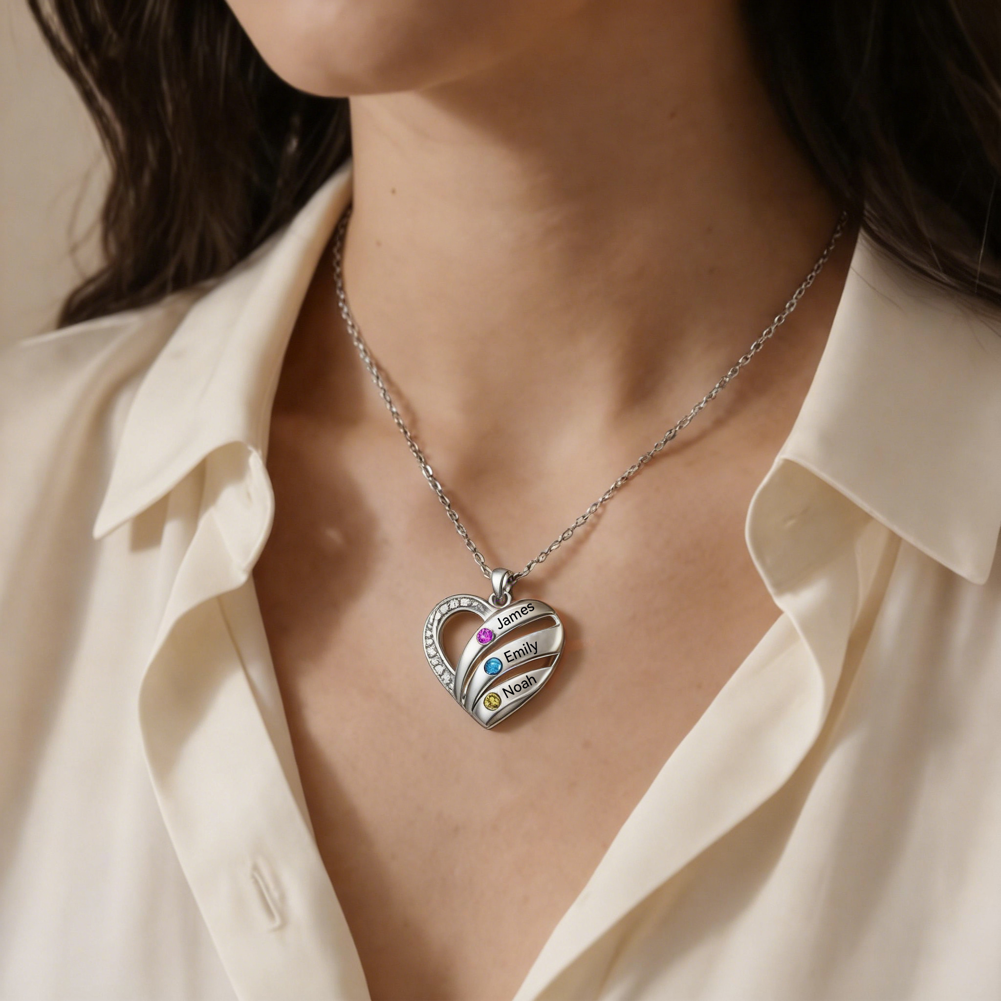 Personalised Heart Necklace with Birthstones, Customised with 3–5 Names and Stones