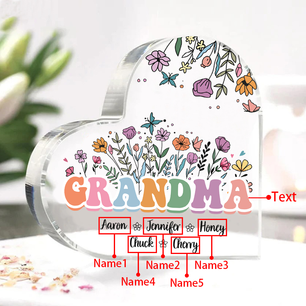 Personalised Flowers Acrylic Heart Plaque Custom 1 Text & 1–10 Names Ornament Gifts for Grandma/Mother-Jessemade AU