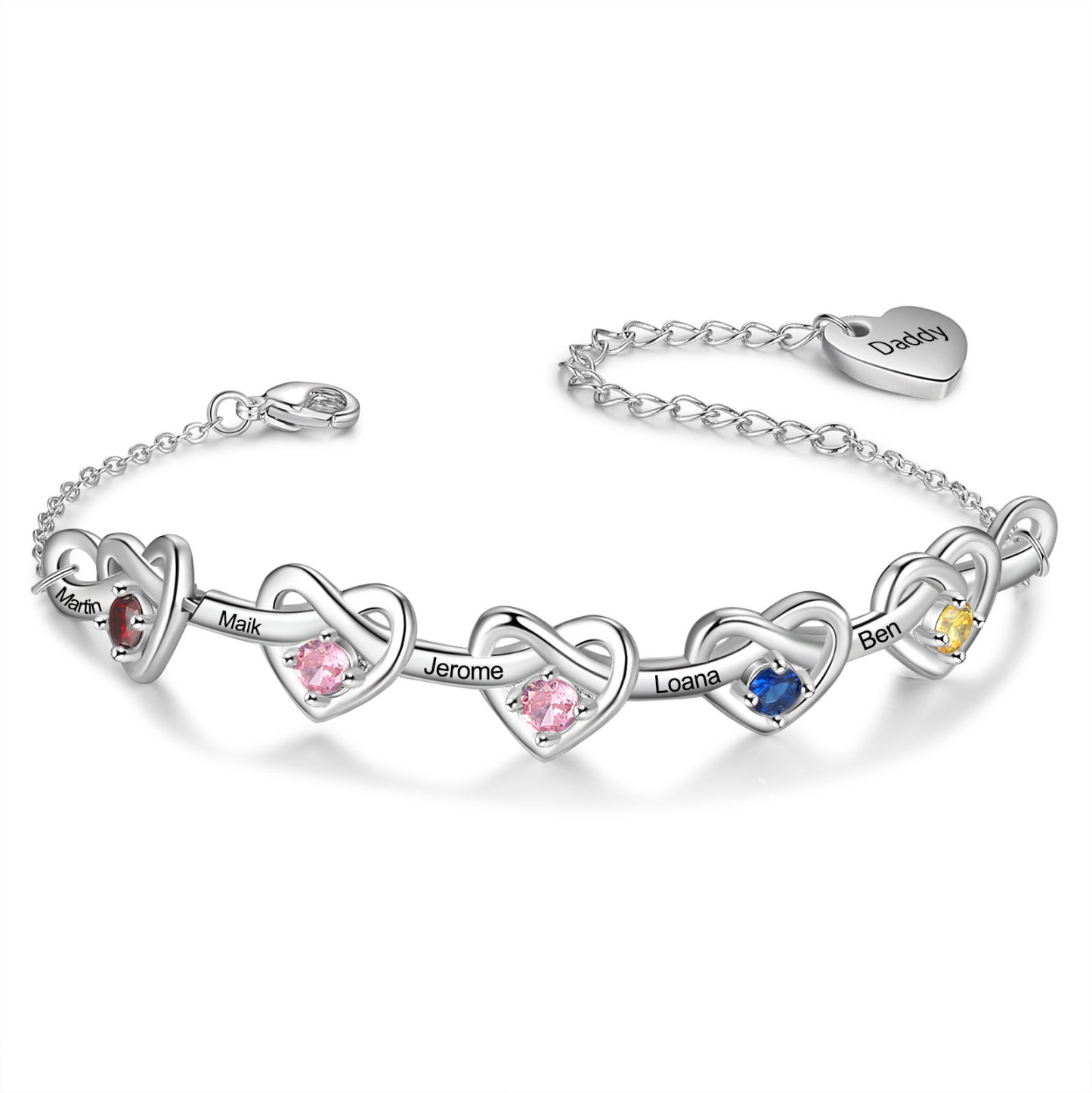 3 Colours Available Personalised Linked Heart Bracelet with 5 Custom Names Birthstones & Text Perfect Birthday Gift for Her