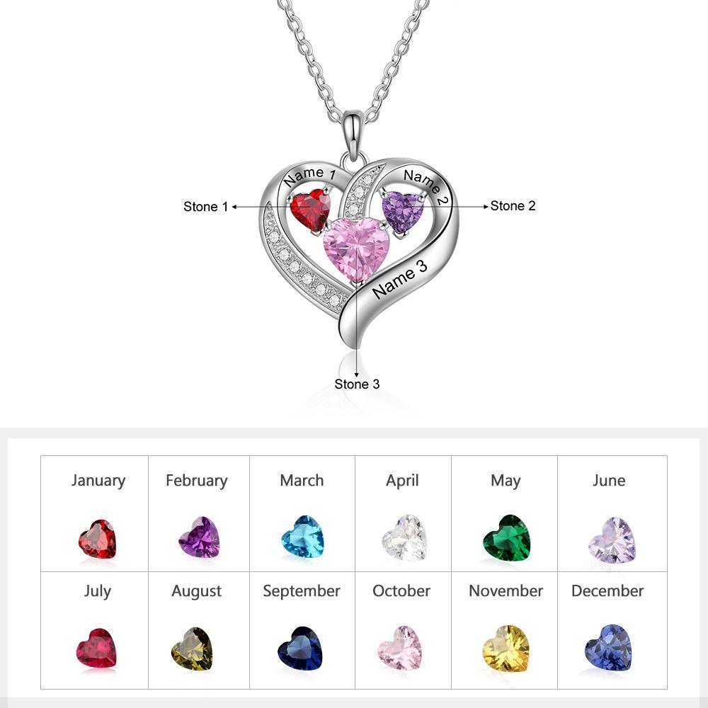 Heart Necklace Custom 3 Names 3 Birthstones Birthday Gifts for Her-Jessemade AU