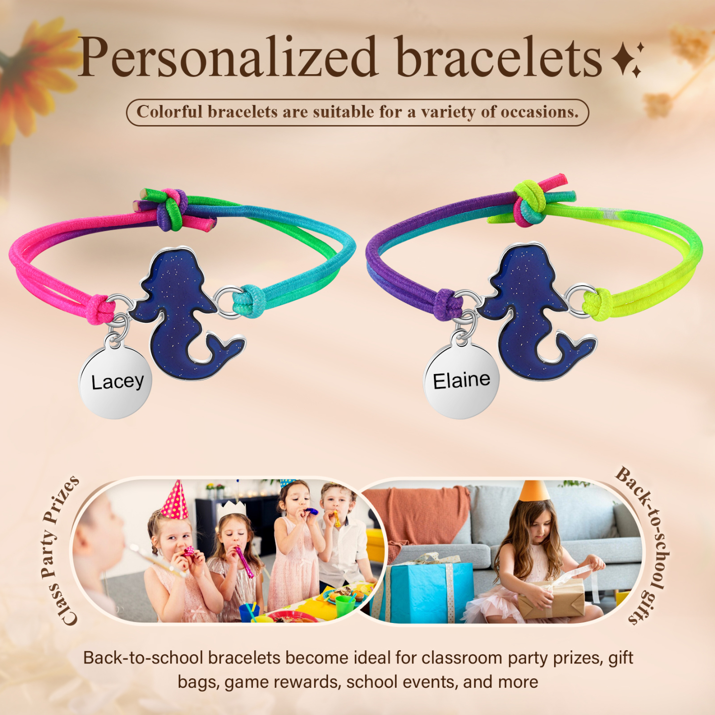 2 Pcs Bracelet Set Custom Names Mermaid Charm Hair Ties Back To School Gift for Daughters - My Heart Will Be With You Throughout The Day-Jessemade AU