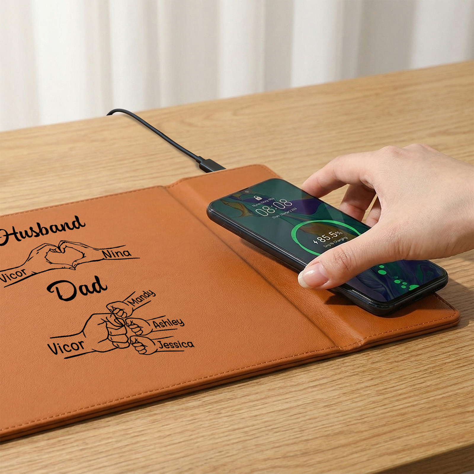 Personalised Leather Desk Mat with Wireless Charging Function with 1 to 8 Names For Husband Dad
