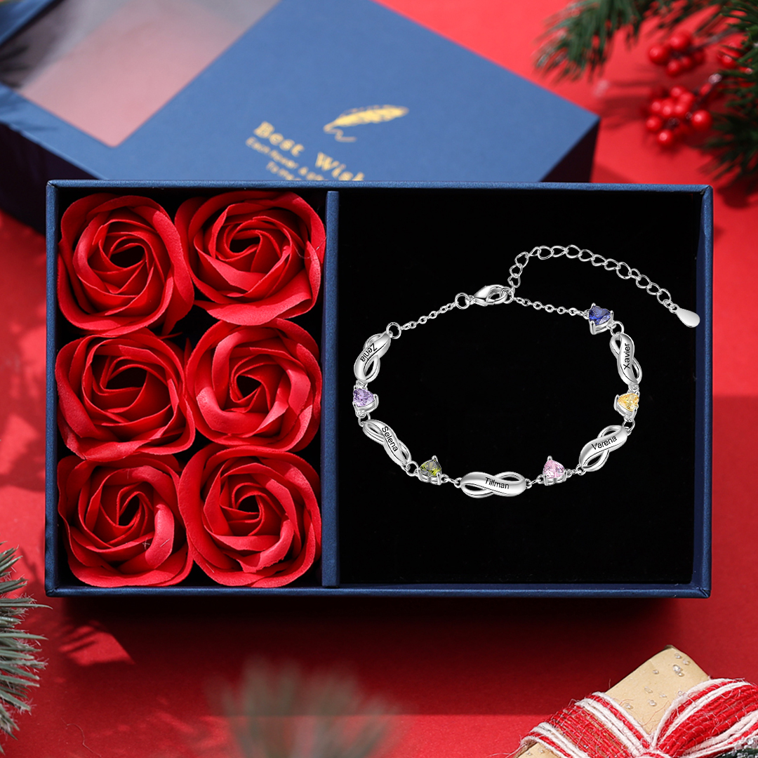Personalised Infinity Bracelet With 5 Birthstones Engraved Names Bracelet Gift For Women