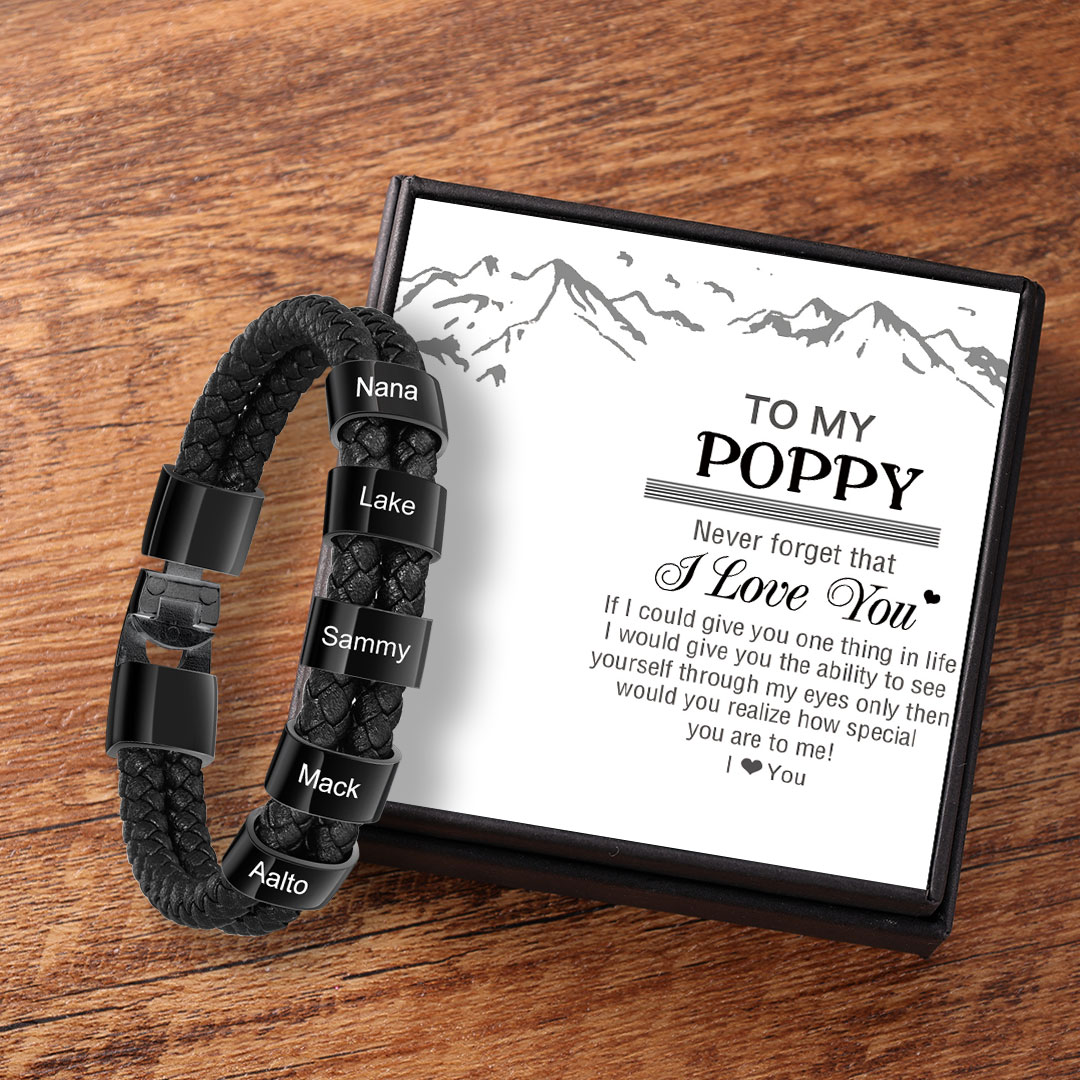 Personalised Braided Leather Bracelet Engraved 5 Names Men's Bracelet Gifts for Poppy-Jessemade AU
