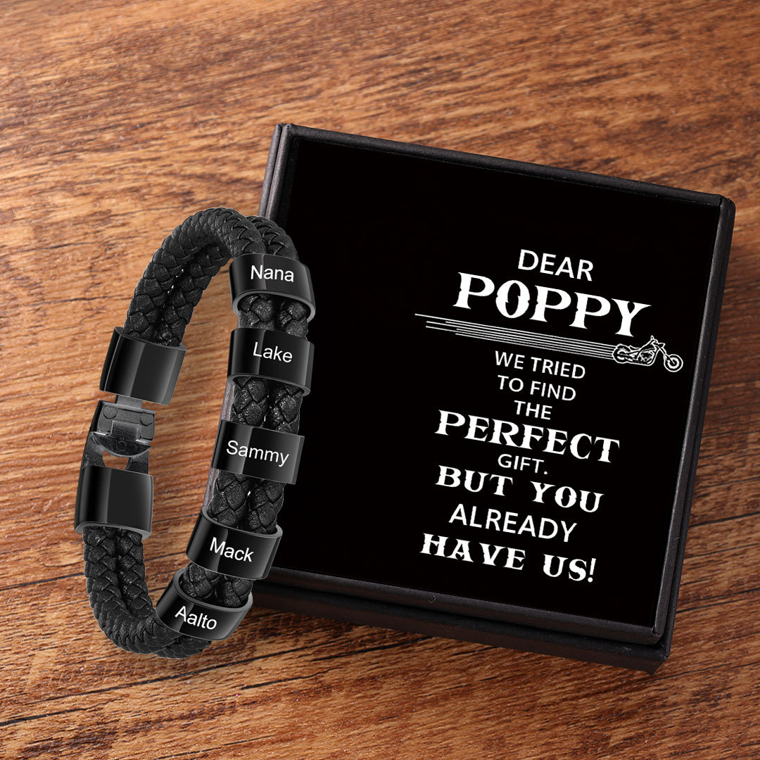 Personalised Braided Leather Bracelet Engraved 5 Names Men's Bracelet Gifts for Poppy-Jessemade AU