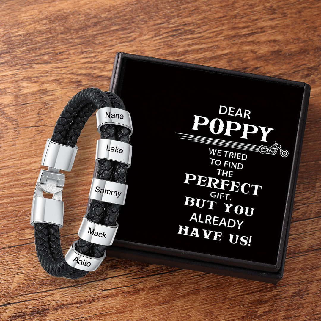 Personalised Braided Leather Bracelet Engraved 5 Names Men's Bracelet Gifts for Poppy-Jessemade AU
