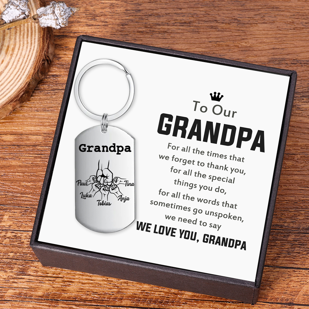 Personalised Fist Bump Keychain Custom 5 Names & 1 Text Keyring Gifts for Grandpa/Poppy