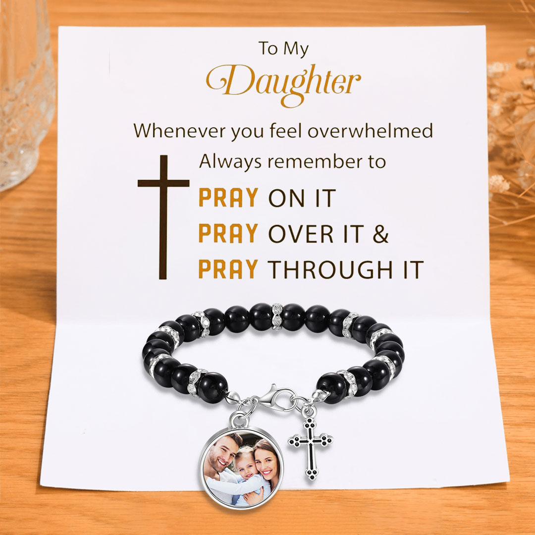 To My Daughter Personalised Rosary Memorial Bracelet Custom with Photo and Cross Pendant