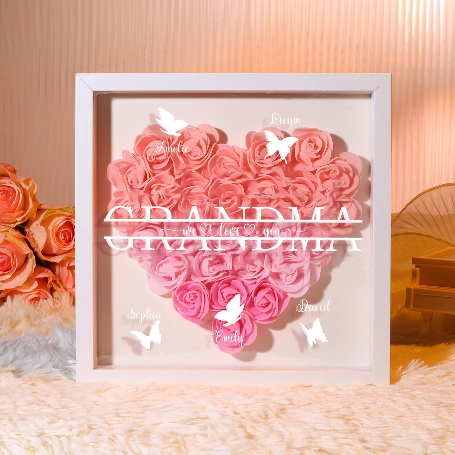 Personalised Flower Shadow Box Custom 2-7 Names & 1 Text Heart Rose Frame Decor Gift for Grandma | Jessemade-Jessemade AU