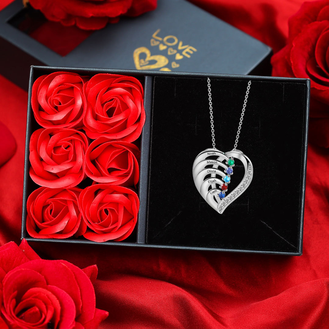 Personalised Heart 2-5 Birthstones & Names Necklace A Thoughtful Gift for Valentine