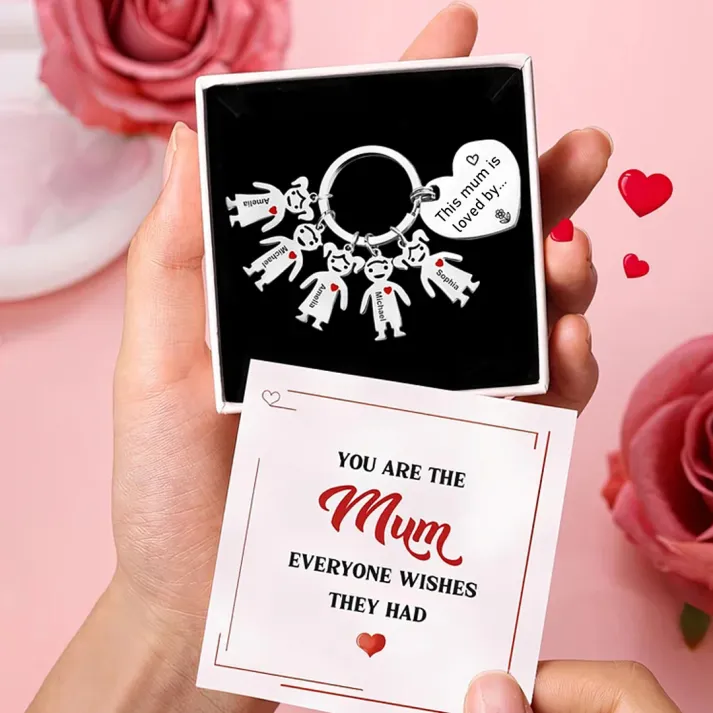 [Copy]5 Names - Personalised Keychain with Kid Charm Engraved Names Keychain Mother's Day Gift for Mum