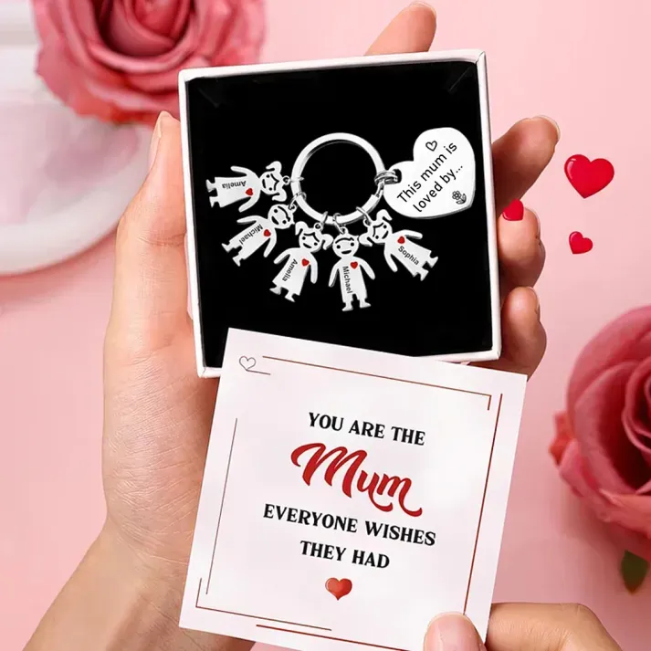 [Copy]5 Names - Personalised Keychain with Kid Charm Engraved Names Keychain Mother's Day Gift for Mum