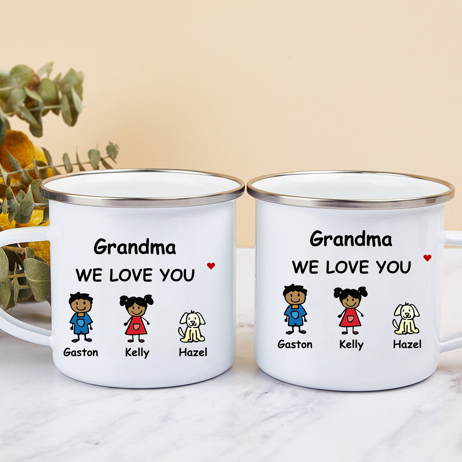 Personalised Enamel Cup Nanna We Love You Gift with Cartoon Characters Pets | Jessemade