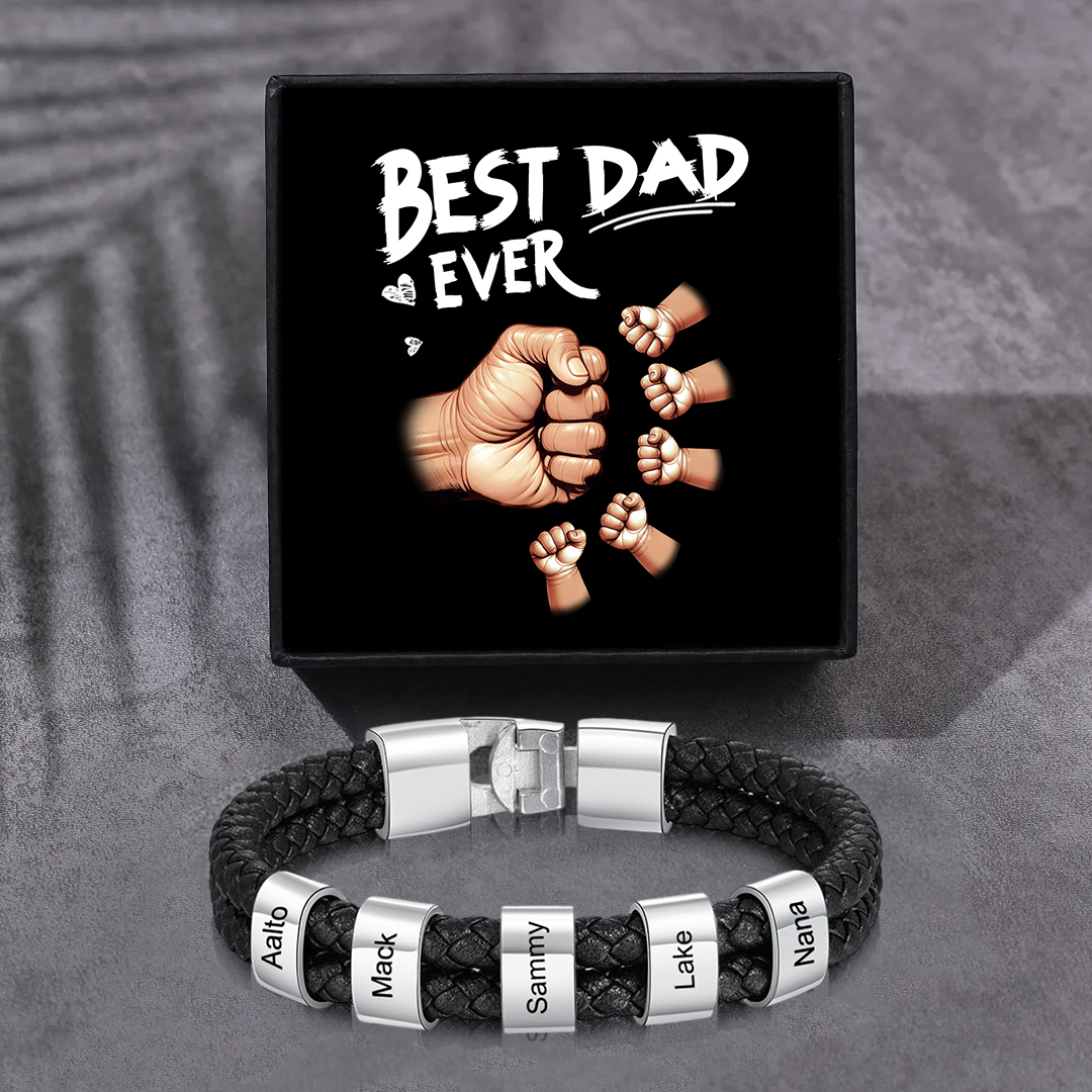 Personalised Braided Leather Mens Bracelet With Custom Engraved 1-6 Kids Names - Father's Day Gift for Dad | Jessemade