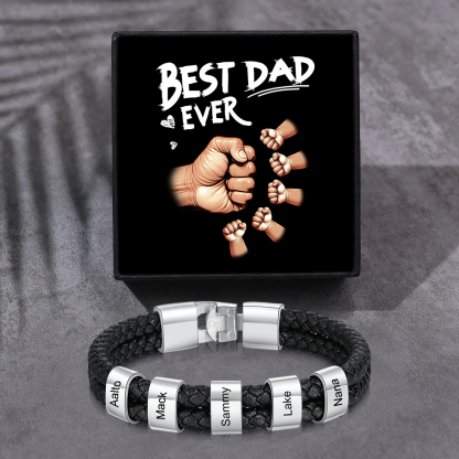 Personalised Braided Leather Mens Bracelet With Custom Engraved 1-6 Kids Names - Father's Day Gift for Dad | Jessemade