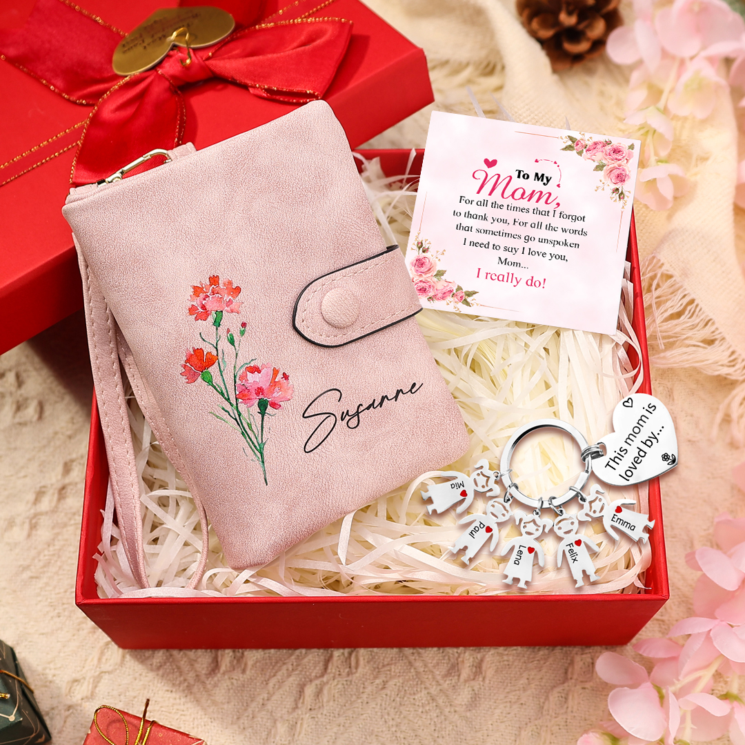 Personalised Women Wallet Gift Set 1 Name & Birthflower Wallet 1-5 Dolls Keychain Gift Box Set Christmas Gifts