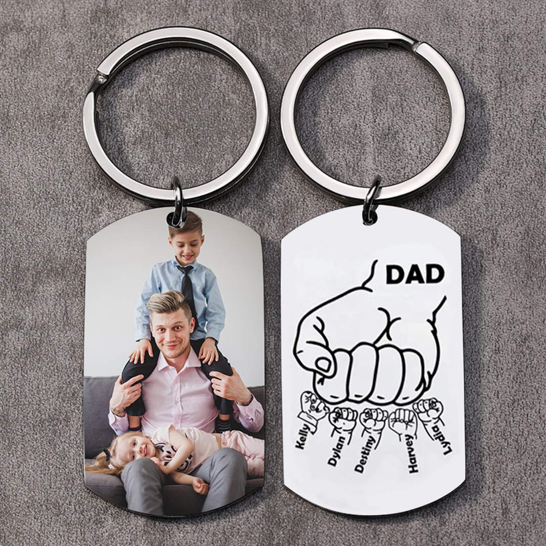 Dad Fist Bump Personalised Photo Keychain Engrave 5 Names Father's Day Gifts