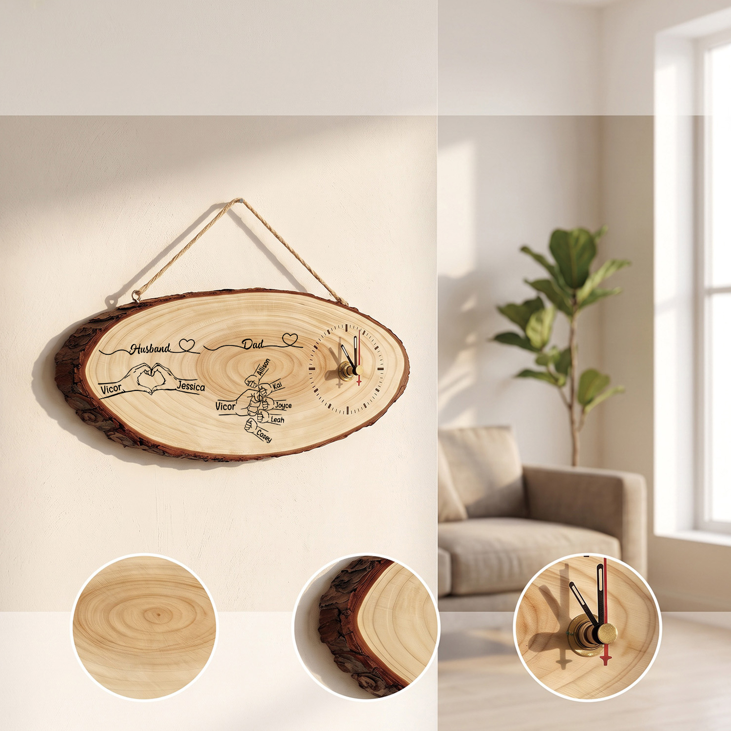 Personalised Wooden Clock with 1 to 8 Children’s Names and Fist Design – Family Gift for Dad or Husband