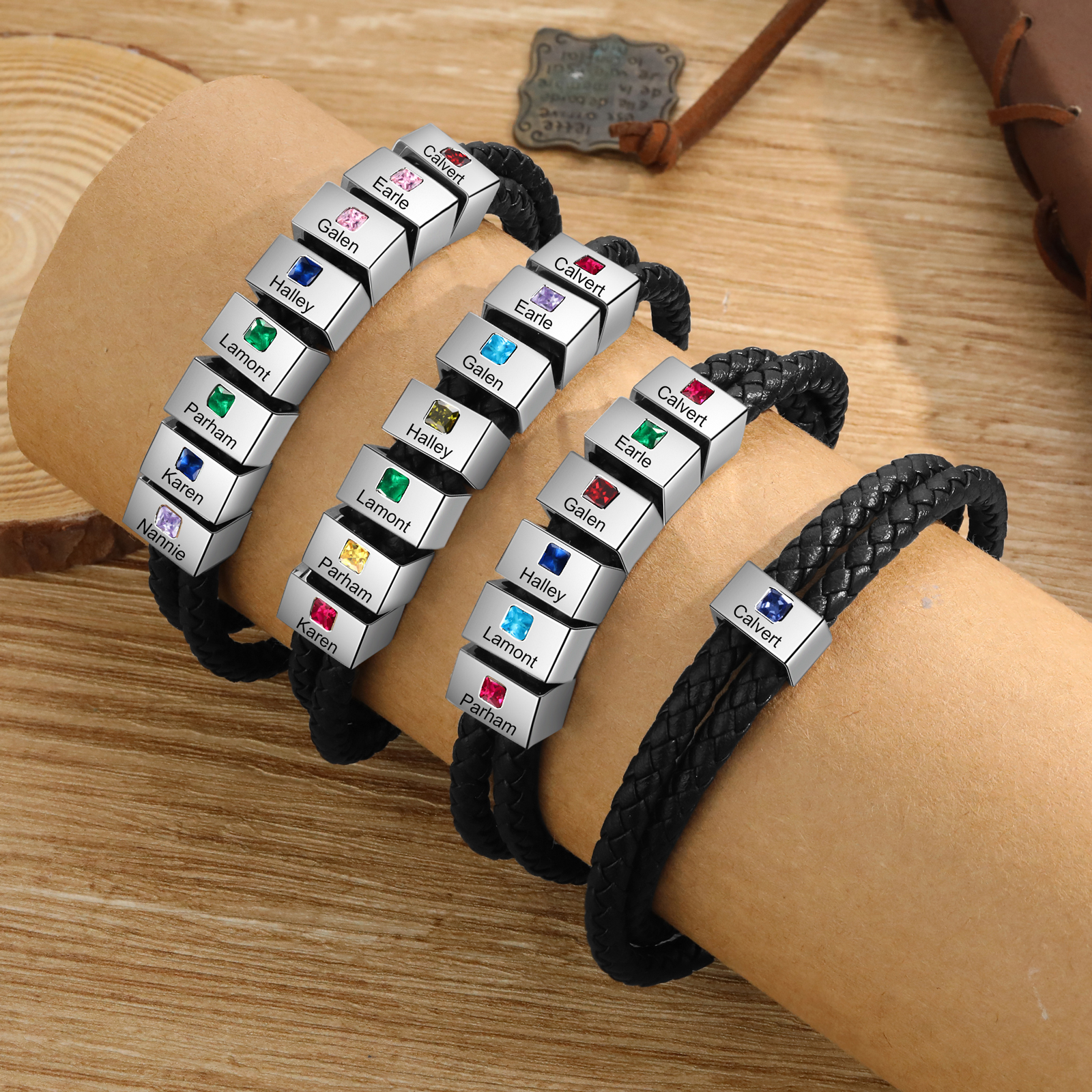 Personalised Leather Men Bracelet with 7 Names & 7 Stones A Thoughtful Gift for Him