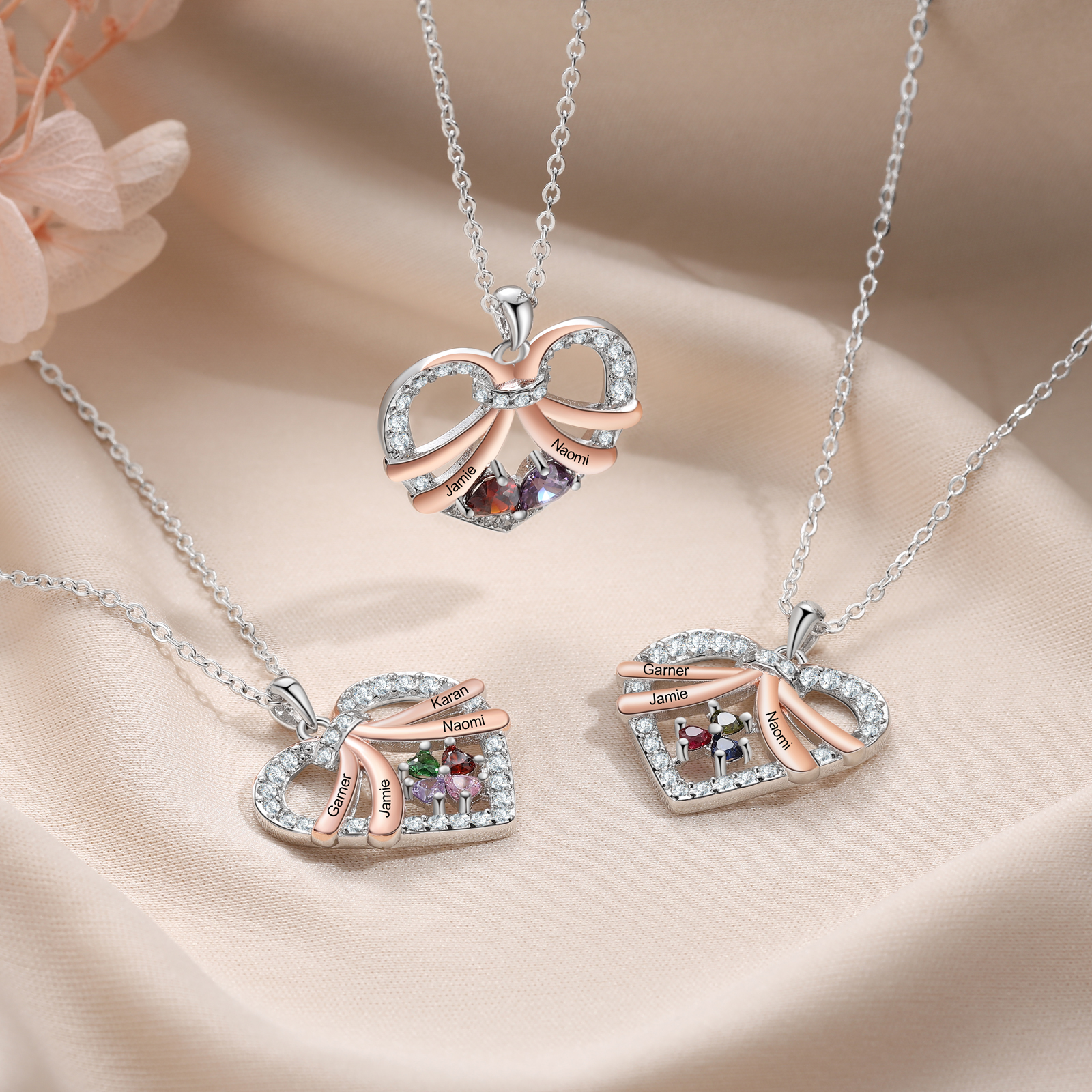 Personalised Heart Pendant Necklace Custom 4 Birthstones & 4 Names Women's Necklace Gift for Her-Jessemade AU