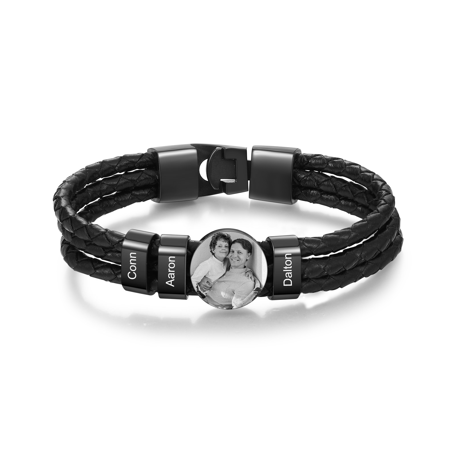 Personalised Men's Leather Bracelet Custom 3 Names & 1 Photo Braided Bracelet Father's Day Gifts for Him-Jessemade AU