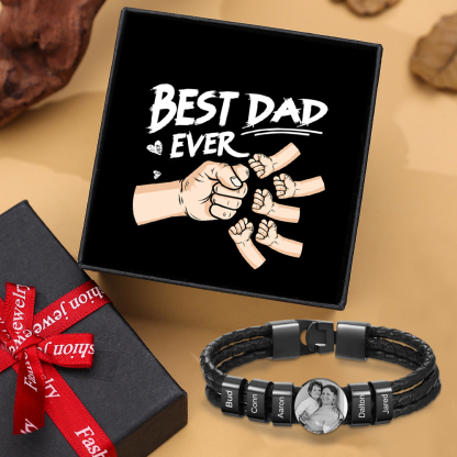 Personalised Men's Leather Bracelet Custom 5 Names & 1 Photo Braided Bracelet Father's Day Gifts for Him-Jessemade AU