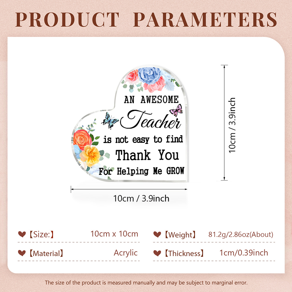Acrylic Plaque Heart-Shaped Keepsake Gift "An Awesome Teacher Is Not Easy To Find, Thank You For Helping Me Grow"-Jessemade AU