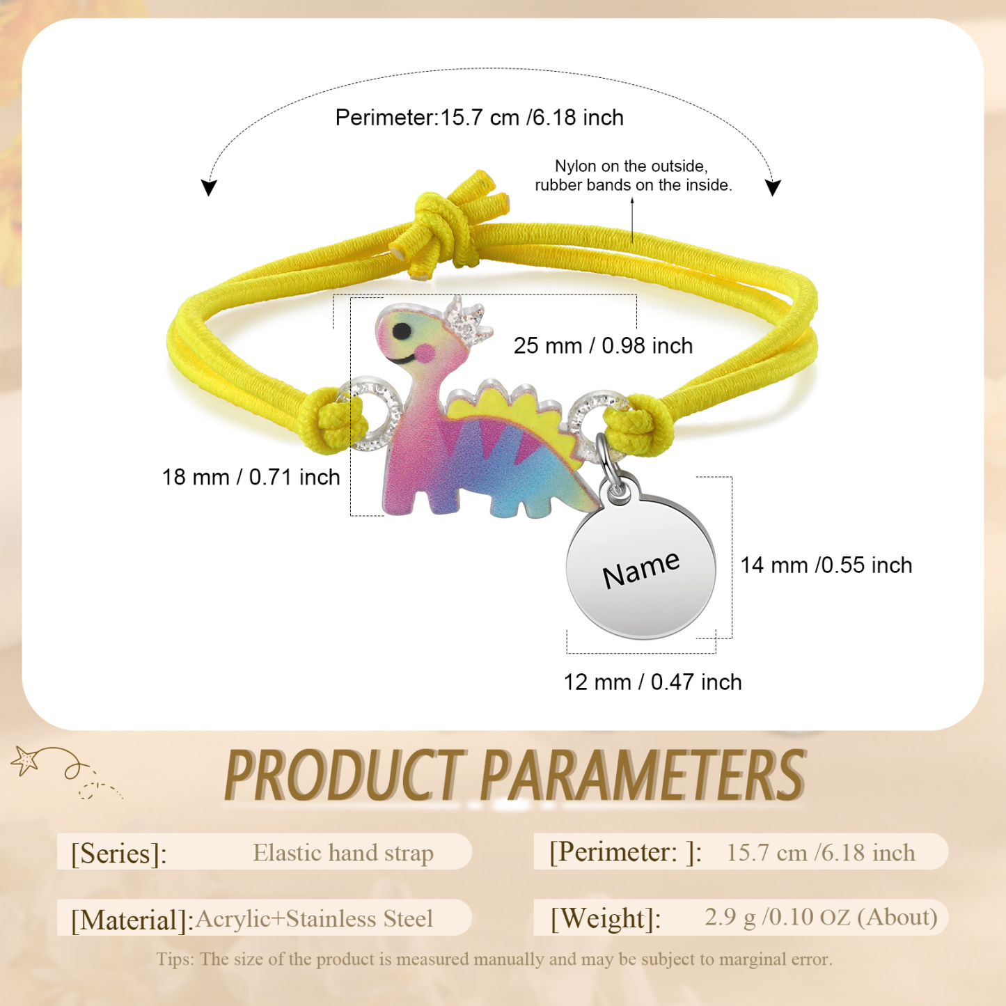 2 Pcs Bracelet Set Custom Names Yellow Dinosaur Charm Hair Ties Back To School Gift for Girls - My Heart Will Be With You Throughout The Day-Jessemade AU