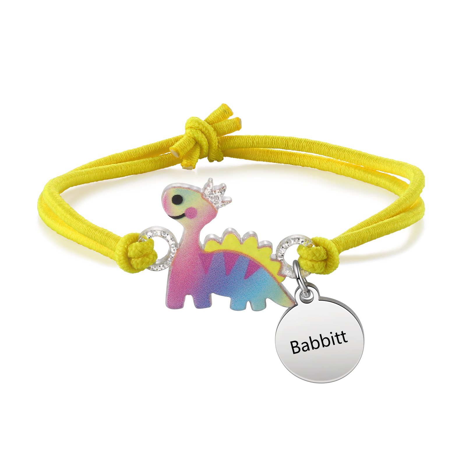 2 Pcs Bracelet Set Custom Names Yellow Dinosaur Charm Hair Ties Back To School Gift for Girls - My Heart Will Be With You Throughout The Day-Jessemade AU