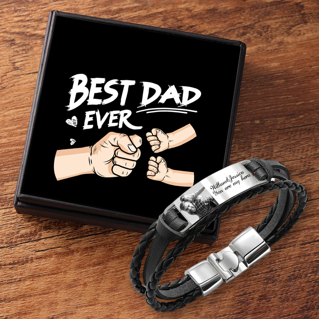 Personalised Braided Leather Bracelet Custom 1 Photo & 2 Texts Fathers Day Gift for Him