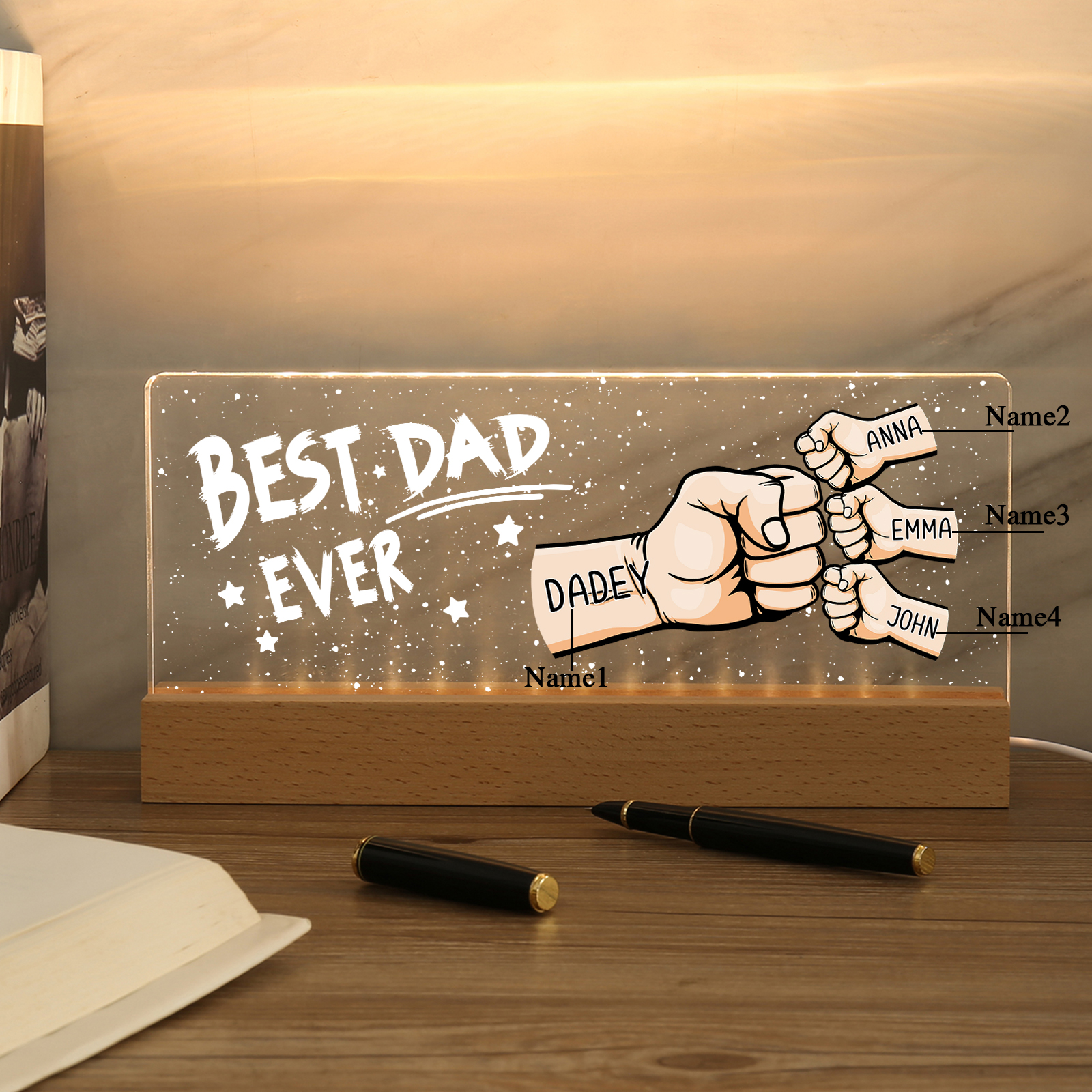 Best Dad Ever - Personalised 4 Names Acrylic Night Light Custom Fist Bump LED Lamp Fathers Day Gifts